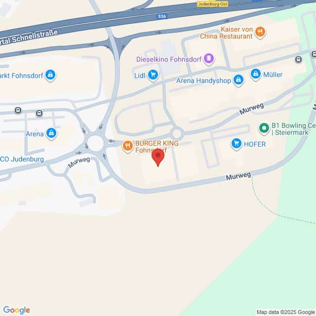 meinkarrierestart.at Eine Karte, die die Lage eines Burger King in Fohnsdorf, Österreich, in der Nähe anderer Sehenswürdigkeiten wie Lidl, Hofer und Dieselkino Fohnsdorf zeigt.