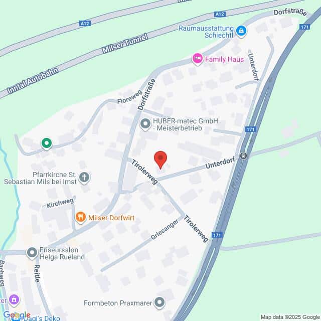 meinkarrierestart.at Ein digitaler Stadtplan mit Straßennamen, lokalen Geschäften und Sehenswürdigkeiten, zentriert auf den Tirolerweg in Milser Dorf.