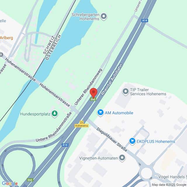 meinkarrierestart.at Eine Karte, die die Kreuzung der Unteren Rheinstraße, der Hohenemserstraße und der Rheintalautobahn in Hohenems, Österreich, zeigt, mit Beschriftung der nahe gelegenen Geschäfte und Sehenswürdigkeiten.