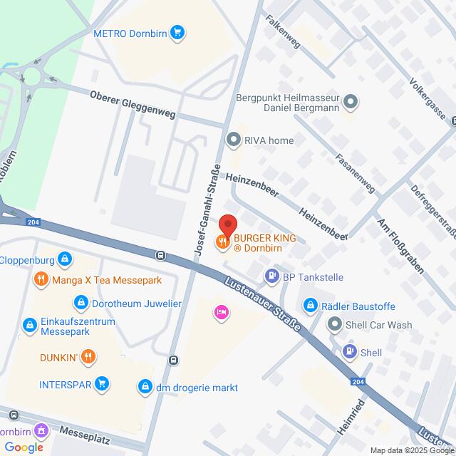 meinkarrierestart.at Eine Karte mit der Lage von Burger King Dornbirn auf der Josef-Ganahl-Straße, mit Beschriftung der umliegenden Geschäfte und Straßen.