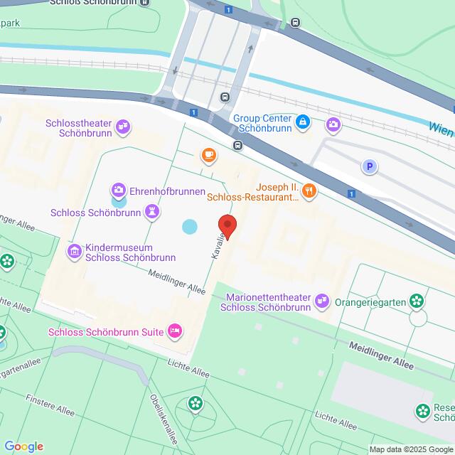 meinkarrierestart.at Karte mit der Lage von Schloss Schönbrunn in Wien, Österreich, mit Markierung von Sehenswürdigkeiten in der Nähe.