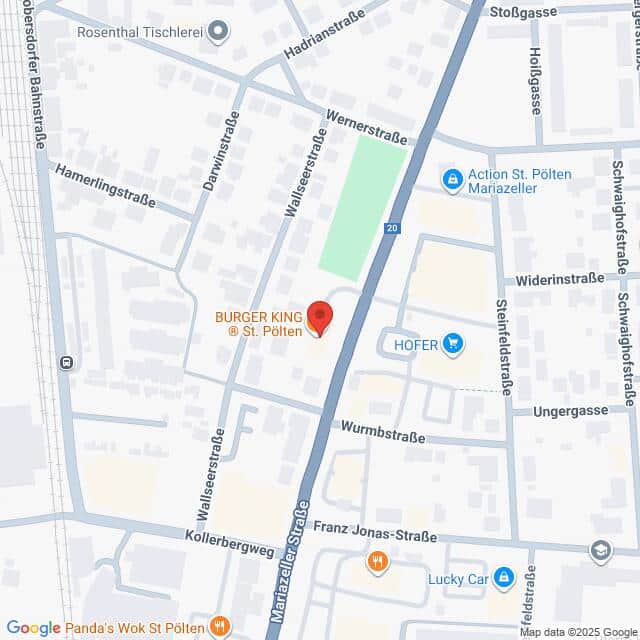 meinkarrierestart.at Eine Karte, die den Standort von Burger King in der Marzallzer Straße in St. Pölten, Österreich, in der Nähe von HOFER und umgeben von verschiedenen Straßen, zeigt.