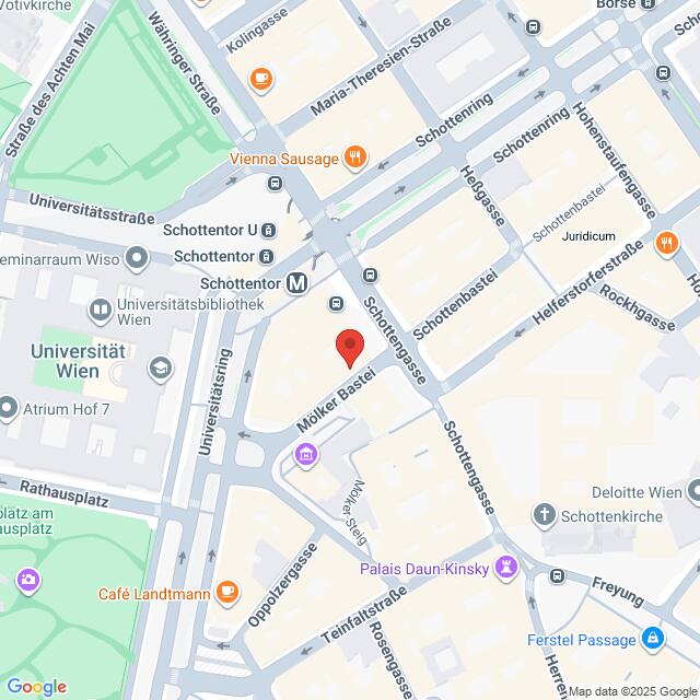 meinkarrierestart.at Kartenansicht der Umgebung der Universität Wien, einschließlich Schottentor, Universitätsstraße und nahegelegene Unternehmen und Sehenswürdigkeiten.