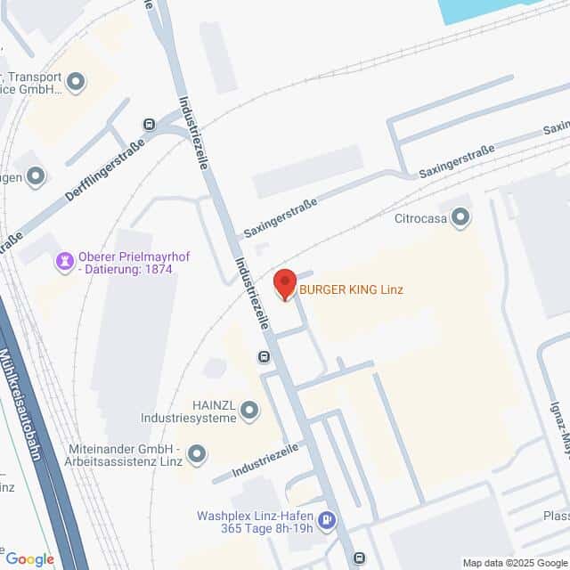 meinkarrierestart.at Die Karte zeigt die Lage von Burger King Linz in der Industriezeile, umgeben von nahegelegenen Geschäften und Straßen wie Saxiingerstraße und Derfflingerstraße.