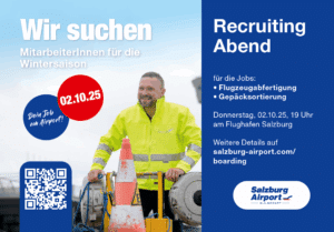 meinkarrierestart.at Ein lächelnder Arbeiter in einer Warnweste steht bei den Gepäckwägen. Das Bild wirbt für eine Einstellungsveranstaltung am Flughafen Salzburg für Saisonarbeitskräfte am 2. Oktober 2025.