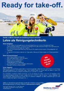 meinkarrierestart.at Drei junge Leute in Sicherheitswesten und mit Kopfhörern stehen lächelnd auf dem Rollfeld eines Flughafens, in der Hand Reinigungswerkzeuge, vor einem Flugzeug. Der deutsche Text wirbt für die Ausbildung zum Gebäudereiniger.