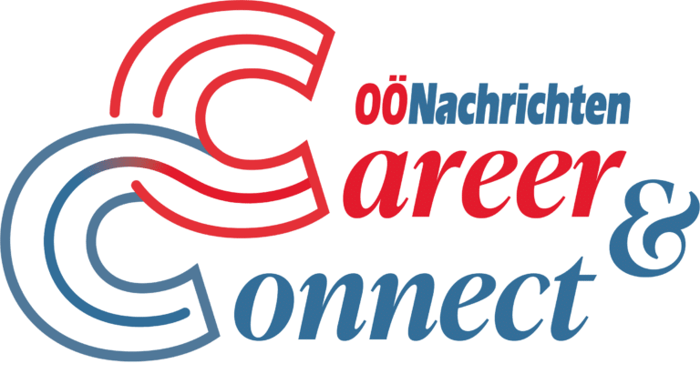 meinkarrierestart.at Logo für "OÖNachrichten Career & Connect" mit stilisierten roten und blauen Buchstaben mit sich überlappenden geschwungenen Linien.