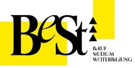 meinkarrierestart.at Logo mit dem Wort "BeSt" in großen schwarzen Buchstaben, drei kleinen schwarzen Dreiecken und dem Text "BERUF STUDIUM WEITERBILDUNG" auf gelbem und weißem Hintergrund.
