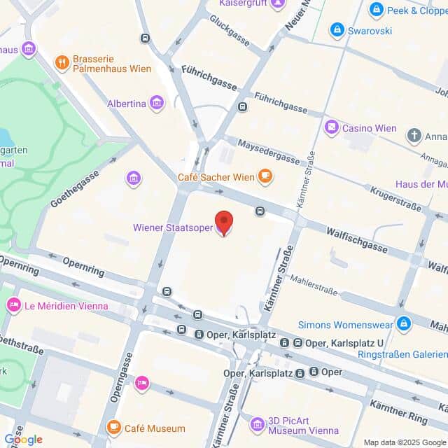 meinkarrierestart.at Kartenansicht, die die Lage der Wiener Staatsoper im Zentrum von Wien, Österreich, zeigt, mit Beschriftung der nahe gelegenen Straßen und Wahrzeichen.