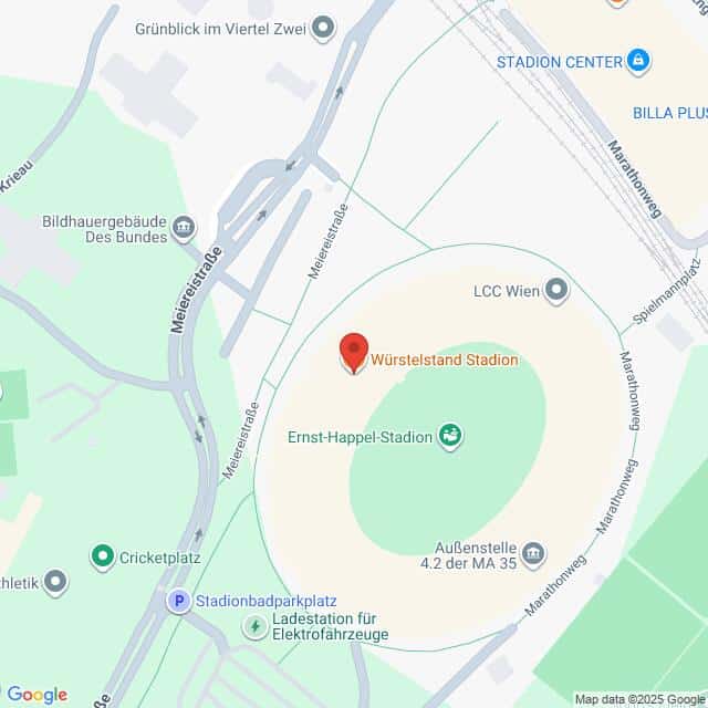 meinkarrierestart.at Kartenansicht mit Hervorhebung des Würstelstand Stadions, das sich im Ernst-Happel-Stadion in Wien, Österreich, befindet. Nahe gelegene Wahrzeichen sind Cricketplatz und Stadionbadparkplatz.