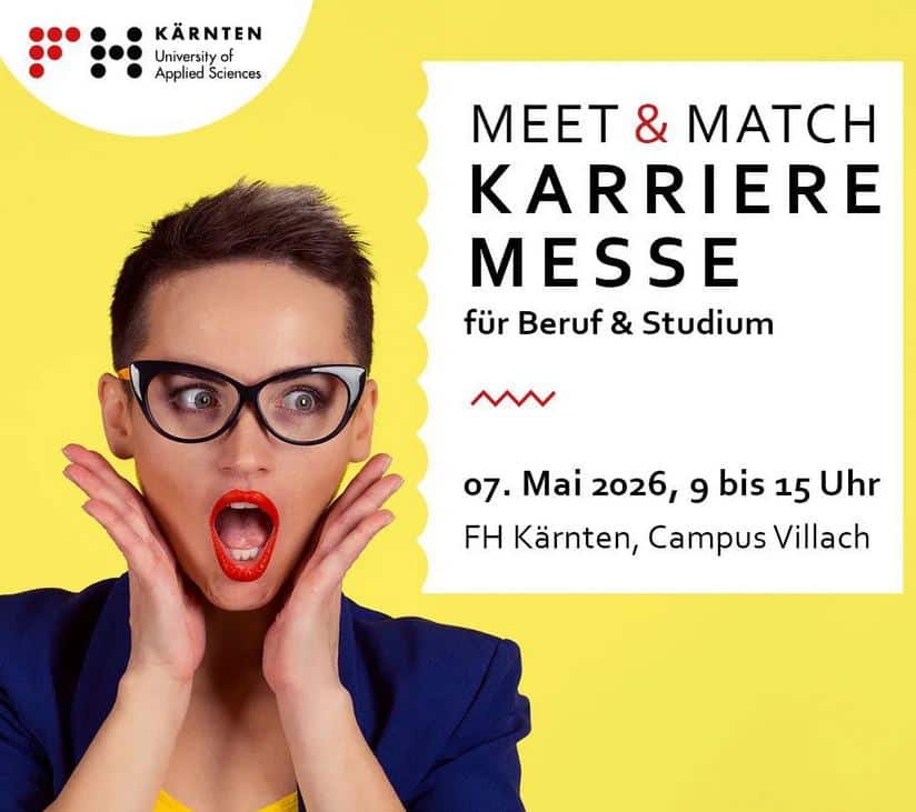 meinkarrierestart.at Eine überraschte Frau mit kurzen Haaren und Brille steht neben einer Information über eine Karrieremesse an der FH Kärnten, Campus Villach, die am 7. Mai 2026 von 9 bis 15 Uhr stattfindet.