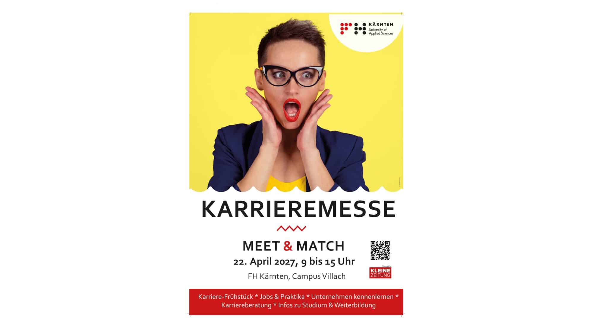 meinkarrierestart.at Eine Frau mit kurzen Haaren und Brille macht einen überraschten Gesichtsausdruck vor einem gelben Hintergrund. Der Text darunter wirbt für eine Karrieremesseveranstaltung am 22. April 2027 an der FH Kärnten, Campus Villach.