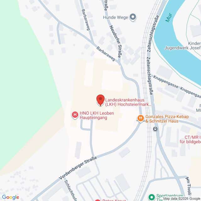 meinkarrierestart.at Eine Karte mit der Lage des Landeskrankenhauses (LKH) Hochsteiermark in Leoben, Österreich, markiert mit einer roten Stecknadel und den nahegelegenen Straßen und Geschäften, die eingezeichnet sind.