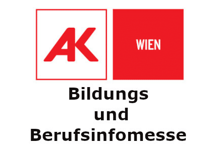 meinkarrierestart.at Logo mit den Buchstaben „AK“ und „WIEN“ in roten Feldern über dem Schriftzug „Bildungs- und Berufsinformesse“ auf weißem Hintergrund.