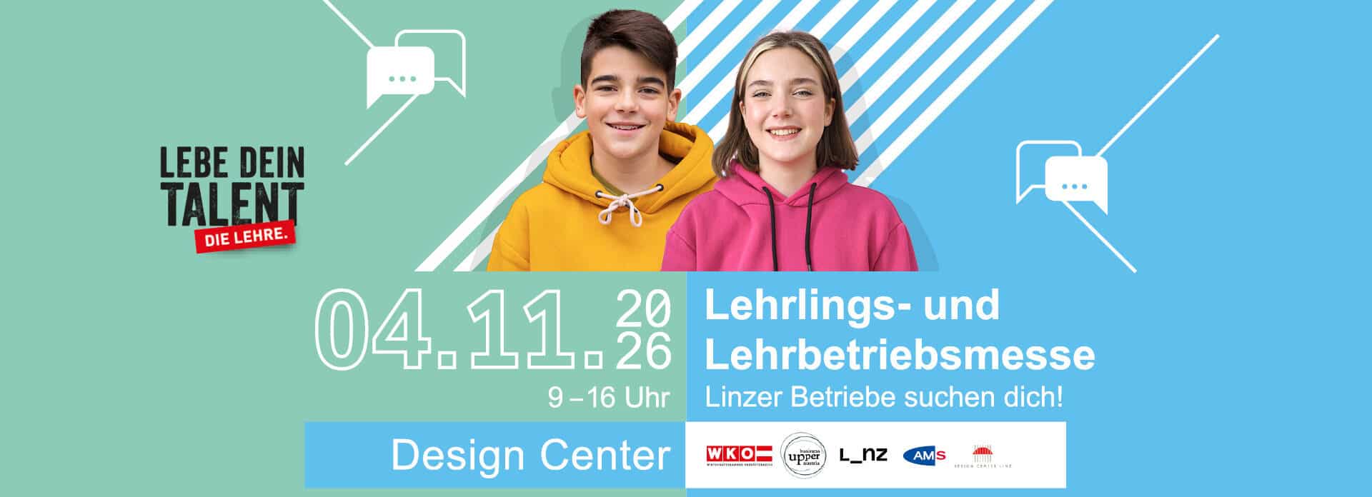 meinkarrierestart.at Banner für eine Berufsmesse am 4. November 2026, auf dem ein Junge und ein Mädchen in Kapuzenpullis zu sehen sind, zusammen mit Veranstaltungsdetails und Logos, um für Ausbildungsmöglichkeiten in Linz zu werben.