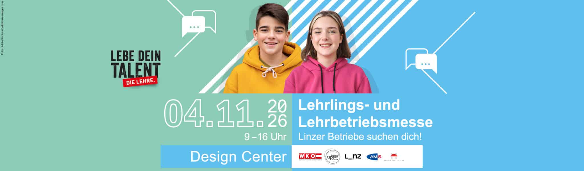 meinkarrierestart.at Banner für eine Berufsmesse am 4. November 2026, auf dem ein Junge und ein Mädchen in Kapuzenpullis zu sehen sind, zusammen mit Veranstaltungsdetails und Logos, um für Ausbildungsmöglichkeiten in Linz zu werben.