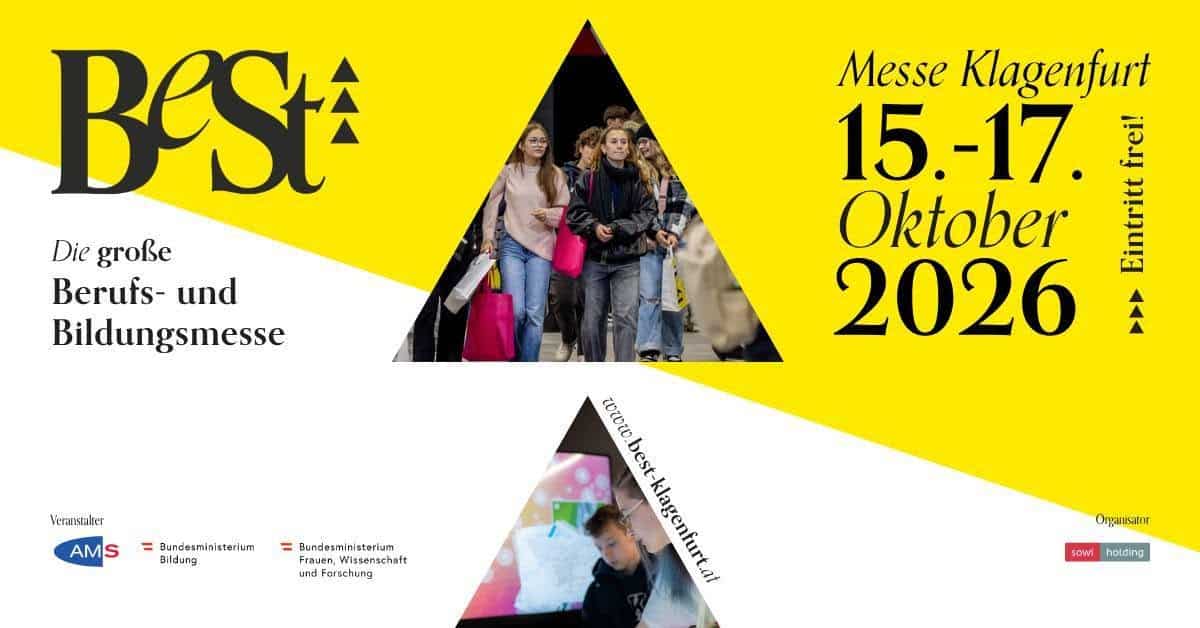meinkarrierestart.at Werbeplakat für die BeSt-Berufs- und Bildungsmesse in Klagenfurt vom 15. bis 17. Oktober 2026 mit Veranstaltungsdetails und Fotos der Besucher.