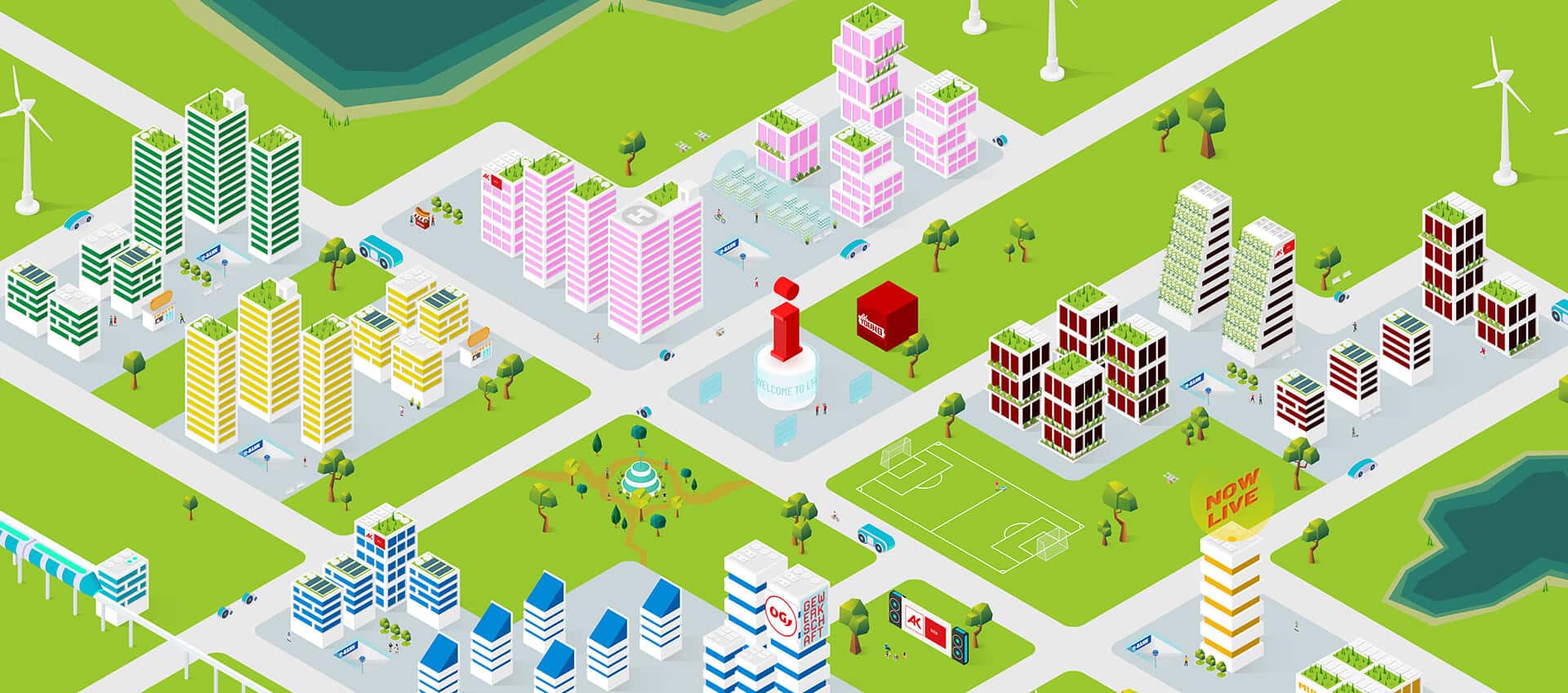meinkarrierestart.at Isometrische Darstellung einer Stadt mit bunten Gebäuden, Straßen, Parks, Windkraftanlagen, Autos, einem zentralen Turm und Sportplätzen, aus der Vogelperspektive in einem Rasterlayout.