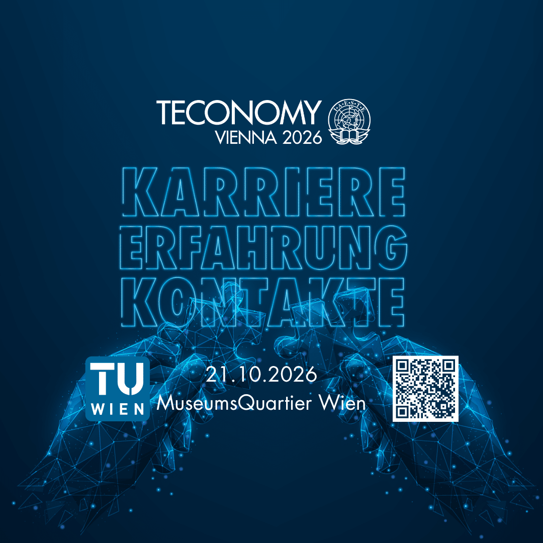 meinkarrierestart.at Veranstaltungsplakat zur Teconomy Vienna 2026 mit Terminen, Veranstaltungsort, QR-Code und dem Schriftzug „Karriere, Erfahrung, Kontakte“ über sich berührenden digitalen Händen.