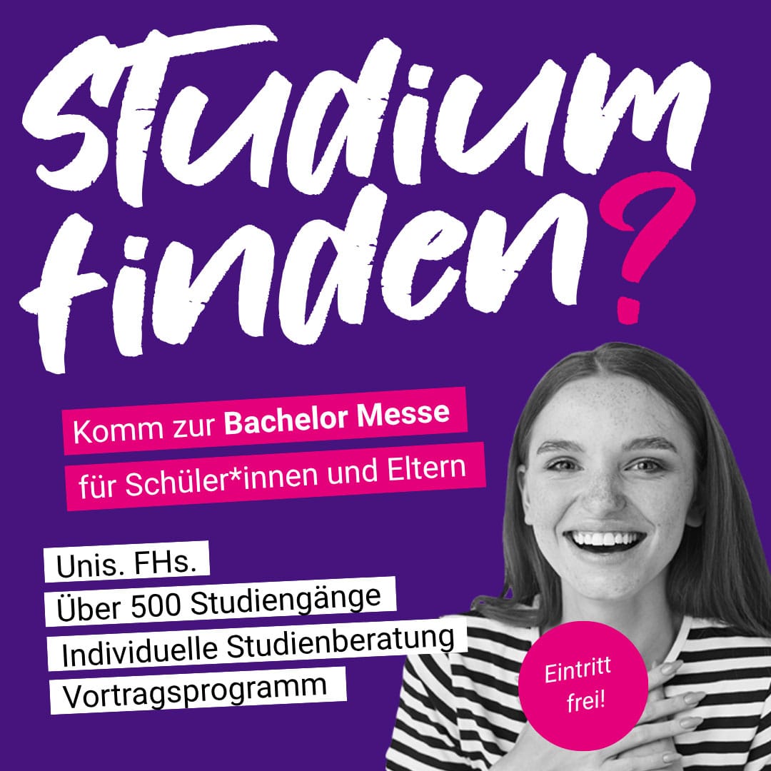 meinkarrierestart.at Textlastige Anzeige für eine Studienmesse, die sich an Schüler und Eltern richtet, mit dem Bild einer lächelnden jungen Frau und Informationen zu Hochschulen, Studiengängen und freiem Eintritt.