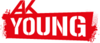 meinkarrierestart.at Rotes und weißes grafisches Logo mit den Buchstaben „AK“ über dem Wort „YOUNG“ in fetter Großschrift, an den Rändern mit Farbspritz-Effekt.