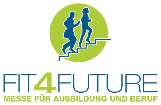 meinkarrierestart.at Logo mit den Silhouetten eines Mannes und einer Frau, die innerhalb eines grünen Kreises eine Treppe hinaufsteigen. Der Text lautet: „FIT4FUTURE MESSE FÜR AUSBILDUNG UND BERUF.“.
