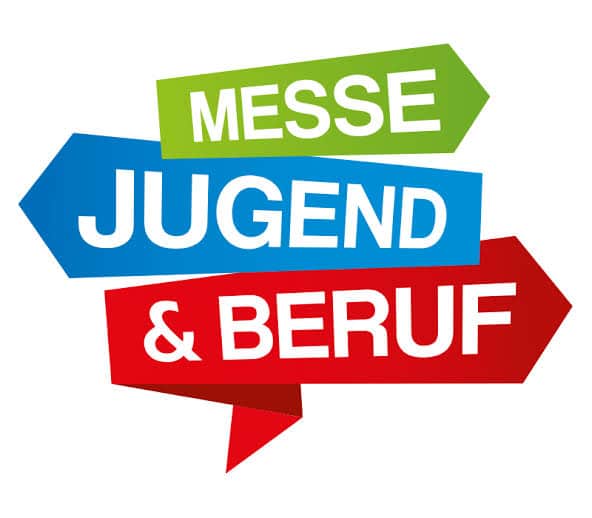 meinkarrierestart.at Drei farbige Pfeile mit deutschem Text: grün für „Messe“, blau für „Jugend“ und rot für „& Beruf“ auf weißem Hintergrund.