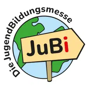 meinkarrierestart.at Logo mit einem Globus im Hintergrund, davor ein Schild mit der Aufschrift „JuBi“ und die Worte „Die JugendBildungsmesse“, die das Bild umrahmen.