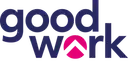 meinkarrierestart.at Das Bild zeigt die Wörter „good work“ in dunkelblauen Kleinbuchstaben, wobei anstelle des Buchstabens „o“ in „work“ ein rosa Pfeil nach oben steht.