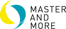 meinkarrierestart.at Logo mit zwei ineinander verschlungenen Formen, einer gelben und einer blaugrünen, neben dem Text „MASTER AND MORE“ in fetten, schwarzen Großbuchstaben auf hellem Hintergrund.