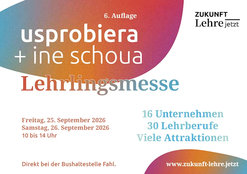 meinkarrierestart.at Veranstaltungsflyer für eine „Lehrlingsmesse“ am 25. und 26. September 2026 mit 16 Unternehmen, 30 Ausbildungsplätzen und verschiedenen Attraktionen. Die Veranstaltung findet in der Nähe der Bushaltestelle „Fahl“ statt.