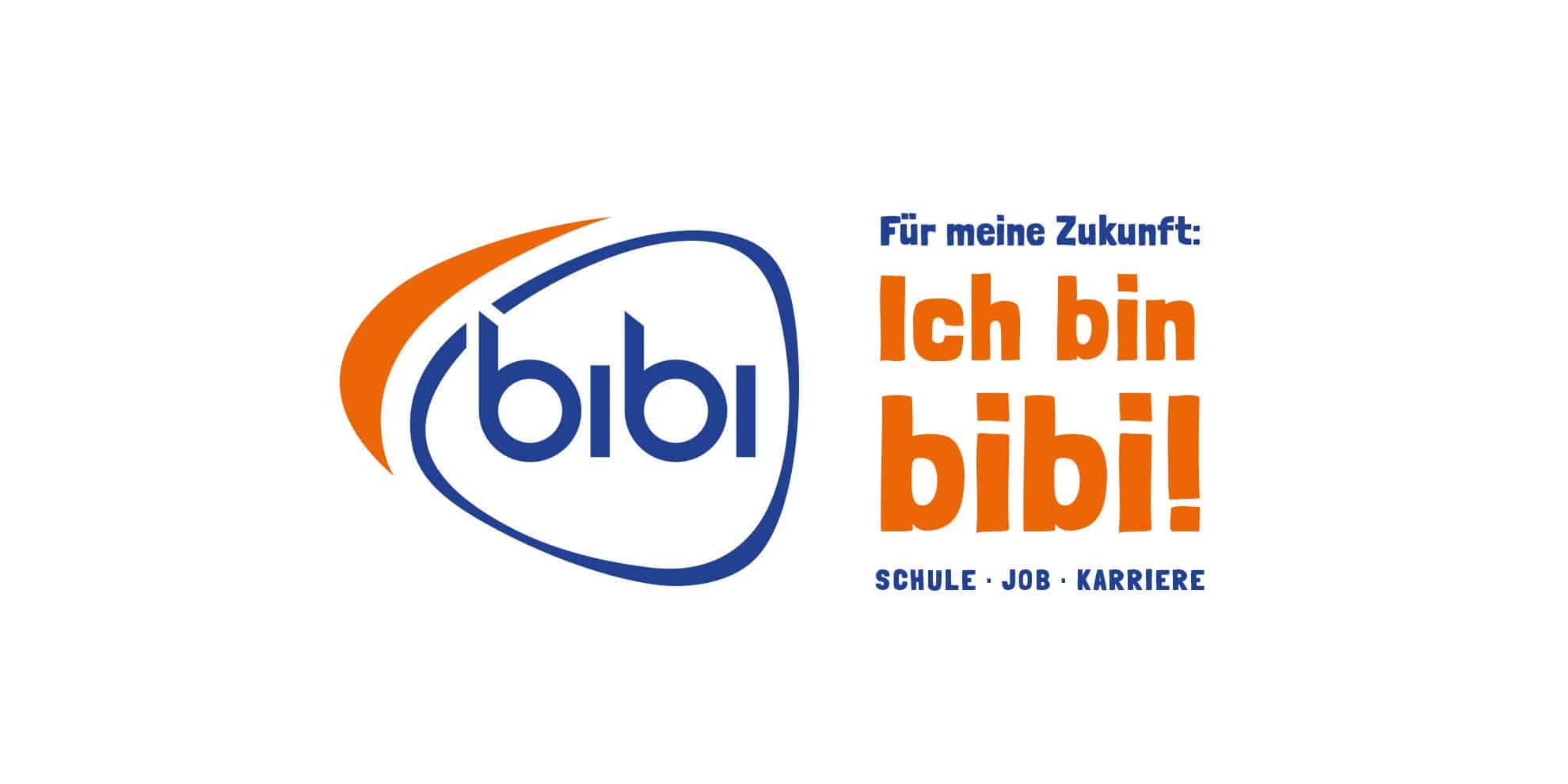 meinkarrierestart.at Logo mit dem Text „bibi“ in einem abgerundeten Dreieck, daneben deutsche Sätze zu den Themen Zukunft, Schule, Beruf und Karriere in blauer und orangefarbener Schrift.