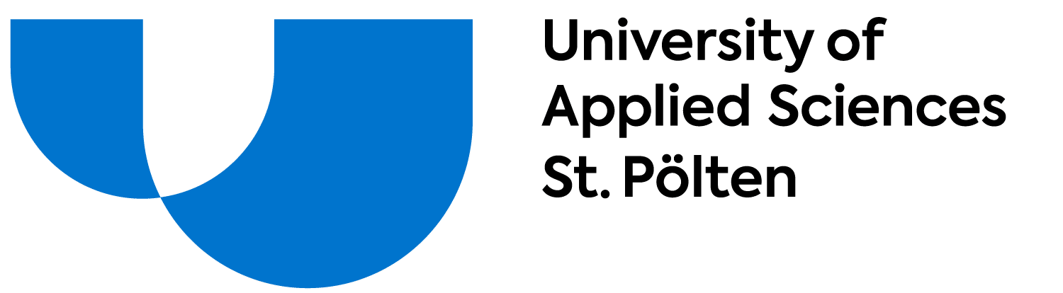 meinkarrierestart.at Links ein blaues geometrisches Logo, rechts der Text „Fachhochschule St. Pölten“ in Schwarz, alles auf hellgrauem Hintergrund.